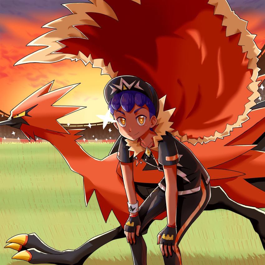 1boy bangs black_headwear black_pants black_shirt bright_pupils cape closed_mouth commentary_request dark-skinned_male dark_skin ffccll fingerless_gloves floating_cape fur-trimmed_cape fur_trim galarian_zapdos gloves hands_on_own_knees hat highres hop_(champion)_(pokemon) hop_(pokemon) leaning_forward male_focus official_alternate_costume outdoors pants pokemon pokemon_(creature) pokemon_(game) pokemon_masters_ex purple_hair shirt short_hair short_sleeves sky smile t-shirt wristband yellow_eyes