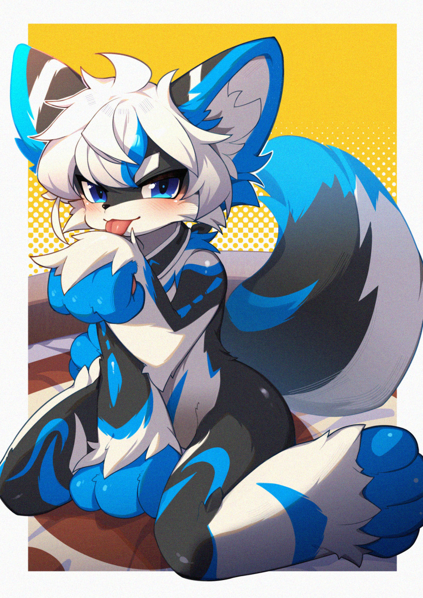 2022 3_fingers 4_toes ahoge ambiguous_gender anthro arm_markings arm_tuft belly belly_markings big_ears big_feet big_tail biped black_body black_ears black_fur black_nose black_pupils black_tail blue_body blue_ear_tips blue_ears blue_eyes blue_fur blue_hair blue_highlights blue_markings blue_tail blue_tail_tip blush canid canine cheek_tuft colored digital_media_(artwork) dipstick_ears dipstick_tail ear_markings elbow_tuft facial_tuft feet fingers fluffy fluffy_tail foot_tuft front_view full-length_portrait fur glistening glistening_body glistening_fur hair hand_tuft hi_res highlights_(coloring) inner_ear_fluff kemono kotoba_(1074421015) leg_markings licking looking_at_viewer mammal markings multi_tone_fur multicolored_body multicolored_ears multicolored_fur multicolored_hair multicolored_tail neckerchief nude pawpads paws personal_grooming pink_pawpads pink_tongue portrait pupils self_lick shaded short_hair shoulder_tuft simple_background sitting smile socks_(marking) solo tail tail_markings thick_tail three-quarter_view toes tongue tongue_out tuft two_tone_hair white_body white_ears white_fur white_hair white_inner_ear white_inner_ear_fluff white_tail wide_hips wrist_tuft yellow_background