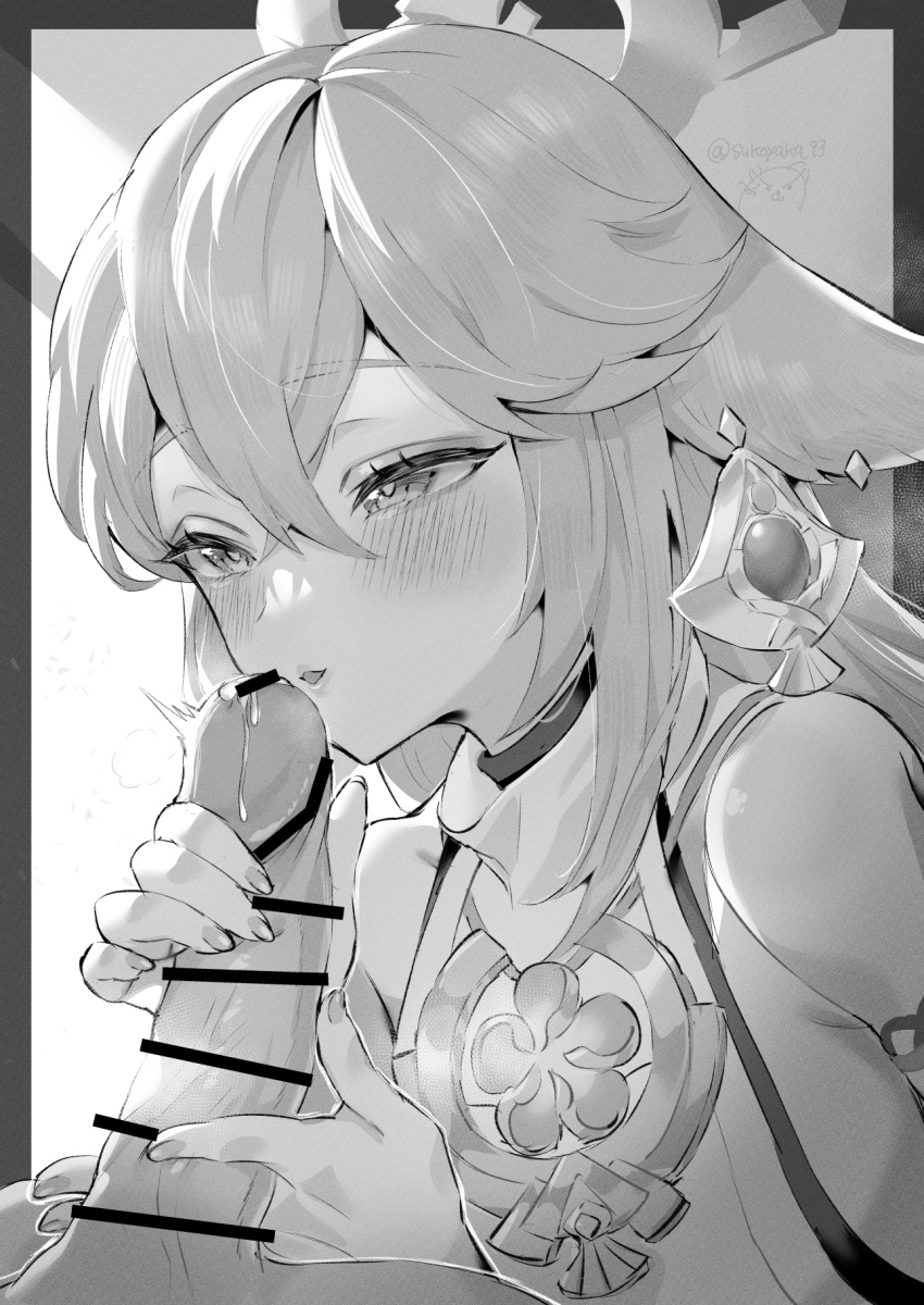 1boy 1girl animal_ears bar_censor bare_shoulders blush censored earrings erection fingernails fox_ears genshin_impact greyscale hair_between_eyes handjob hetero highres japanese_clothes jewelry long_fingernails long_hair monochrome open_mouth penis precum shirt solo_focus sukoyaka93 two-handed_handjob yae_miko