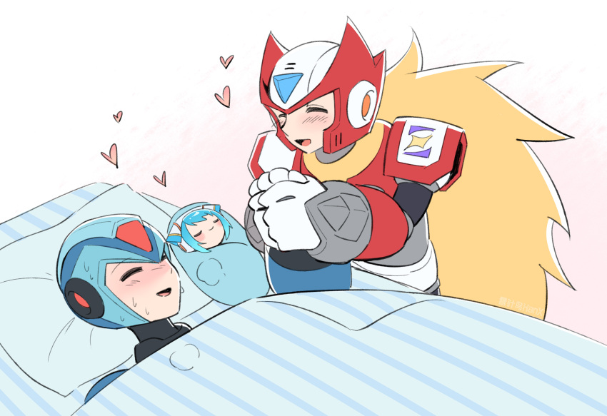 1girl 2boys baby blonde_hair blue_hair blush buzzsaw_(6631455) closed_eyes commentary english_commentary heart helmet highres holding_hands long_hair mega_man_(series) mega_man_x_(series) mega_man_x_dive multiple_boys rico_(mega_man) short_hair smile under_covers x_(mega_man) yaoi zero_(mega_man)