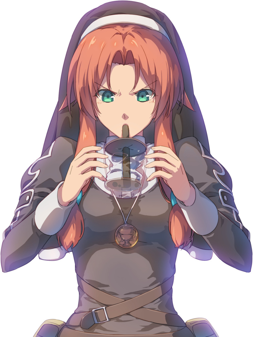 1girl antenna_hair belt_pouch brown_hair bubble_tea bubble_tea_challenge chiharu_(9654784) drinking drinking_straw drinking_straw_in_mouth eiyuu_densetsu green_eyes highres jewelry medallion necklace nun pouch ries_argent simple_background solo sora_no_kiseki traditional_nun twintails white_background