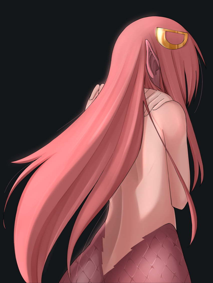 1girl absurdres black_background commission commissioner_upload from_behind hair_ornament hands_on_own_shoulders highres ineedpuppy lamia long_hair miia_(monster_musume) monster_girl monster_musume_no_iru_nichijou non-web_source pointy_ears red_hair red_scales scales simple_background solo topless upper_body very_long_hair