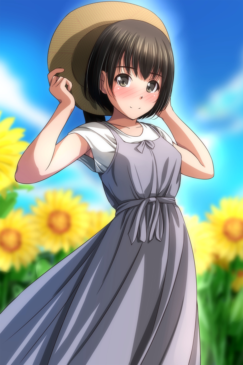 1girl absurdres bare_arms black_eyes black_hair blue_sky blush closed_mouth cloud collarbone dated_commentary day dress flower grey_dress hands_on_headwear hat highres holding holding_clothes holding_hat looking_at_viewer matsunaga_kouyou original outdoors shirt short_hair short_sleeves sky smile solo standing sunflower white_shirt
