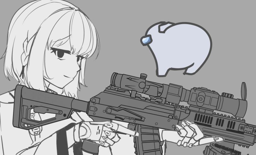 1girl among_us crossover english_commentary girls'_frontline grey_background gun holding holding_gun holding_weapon light_machine_gun light_smile looking_at_viewer looking_to_the_side medium_hair rpk-16 rpk-16_(girls'_frontline) simple_background sketch snafu_(snafy_snu) upper_body weapon
