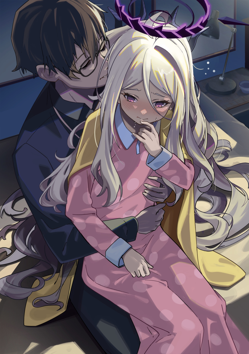 1boy 1girl 3: ahoge bed bed_sheet bedroom black_hair blue_archive blush business_casual cardigan cardigan_on_shoulders collarbone commentary_request demon_girl demon_horns embarrassed glasses grey_necktie grey_pants hair_between_eyes halo highres hina_(blue_archive) horns hug hug_from_behind indoors lanyard long_hair long_sleeves looking_at_another looking_back necktie official_alternate_costume open_cardigan open_clothes pajamas pants parted_bangs parted_lips pink_pajamas polka_dot polka_dot_pajamas problem_solver_sensei_(blue_archive) purple_eyes sensei_(blue_archive) sidelocks sitting sitting_on_person suppa_(hagakuresuppa) sweatdrop wavy_hair white_hair yellow_cardigan