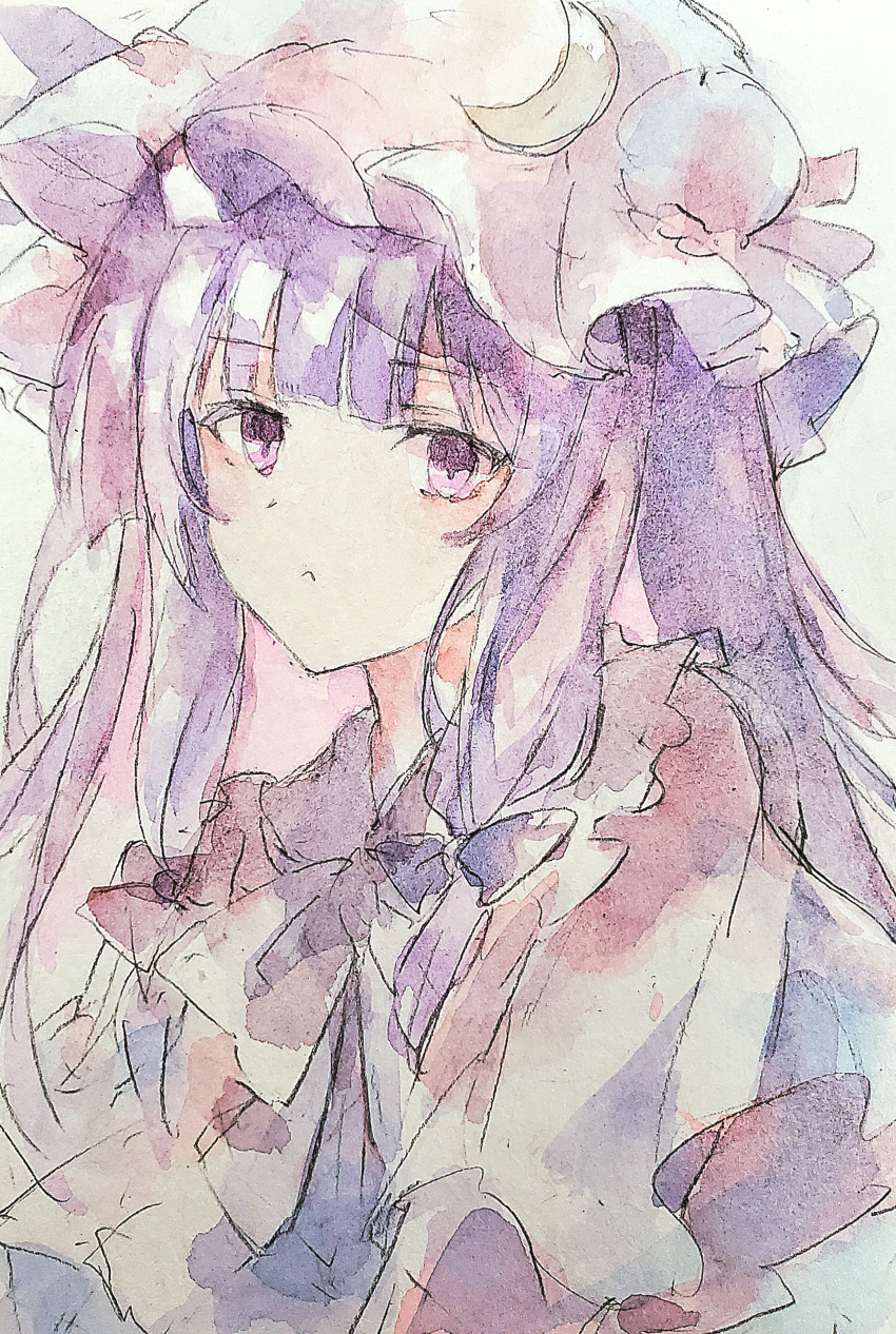 1girl absurdres blue_bow blunt_bangs bow bun_cover commentary crescent dress frills hair_bow hat highres kamu_kotan long_hair looking_at_viewer mob_cap patchouli_knowledge portrait purple_dress purple_eyes purple_hair red_bow touhou traditional_media