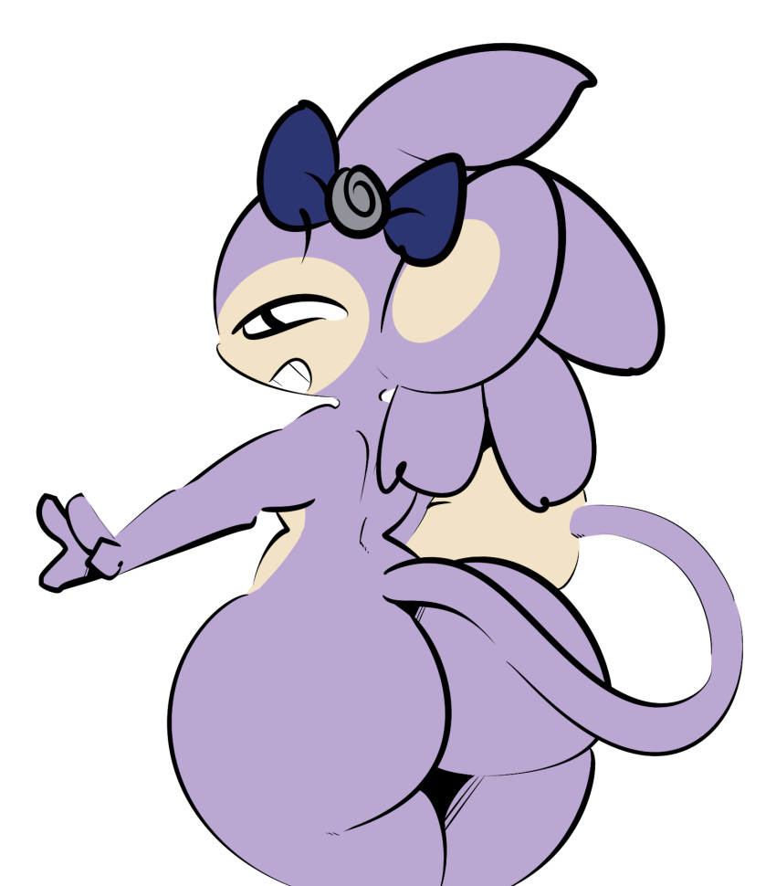 1-upclock accessory aipom annie_(1-upclock) anthro big_butt big_ears bow_(feature) bow_ribbon butt female generation_2_pokemon hair_accessory hair_bow hair_ribbon hi_res nintendo nude pokemon pokemon_(species) presenting presenting_hindquarters purple_body ribbons smile smiling_at_viewer solo tail thick_thighs wide_hips