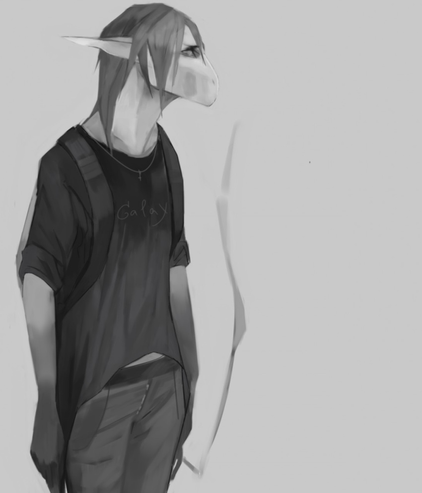 2016 akrolayn ambiguous_species anthro backpack black_clothing black_shirt black_t-shirt black_topwear bottomwear cigarette clothing digital_media_(artwork) digital_painting_(artwork) female flat_chested grey_background grey_body grey_bottomwear grey_clothing grey_hair grey_pants grey_skin greyscale hair hi_res holding_cigarette holding_object jewelry looking_aside monochrome necklace pants portrait scalie shirt simple_background smoke solo standing t-shirt three-quarter_portrait three-quarter_view tomboy topwear unavailable_at_source