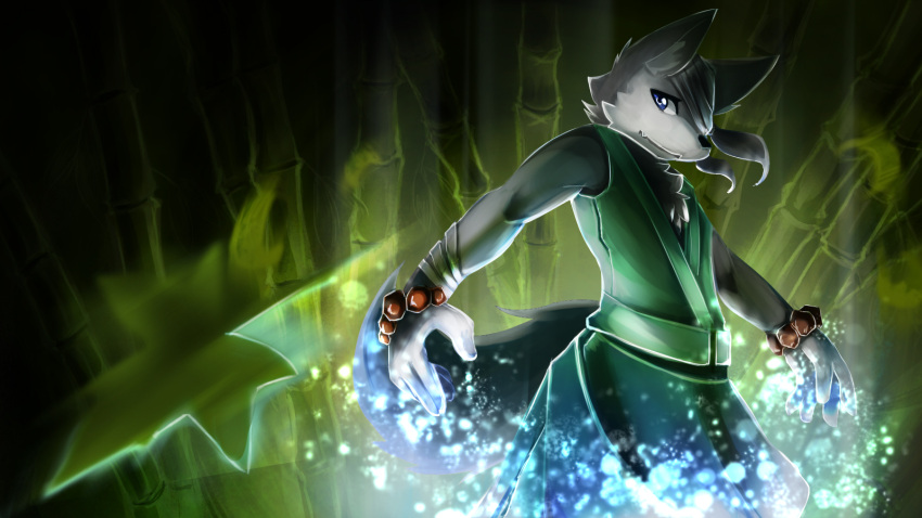 16:9 anthro bamboo black_nose blue_eyes canid cheek_tuft clothed clothing facial_tuft fur glistening glistening_eyes green_clothing grey_body grey_fur grey_inner_ear_fluff hi_res inner_ear_fluff kuttoyaki male mammal mouth_closed solo standing tuft widescreen