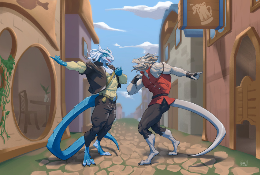 absurd_res anthro clothing duo hair hi_res horn love_sushi male pub scalie smile tagme town