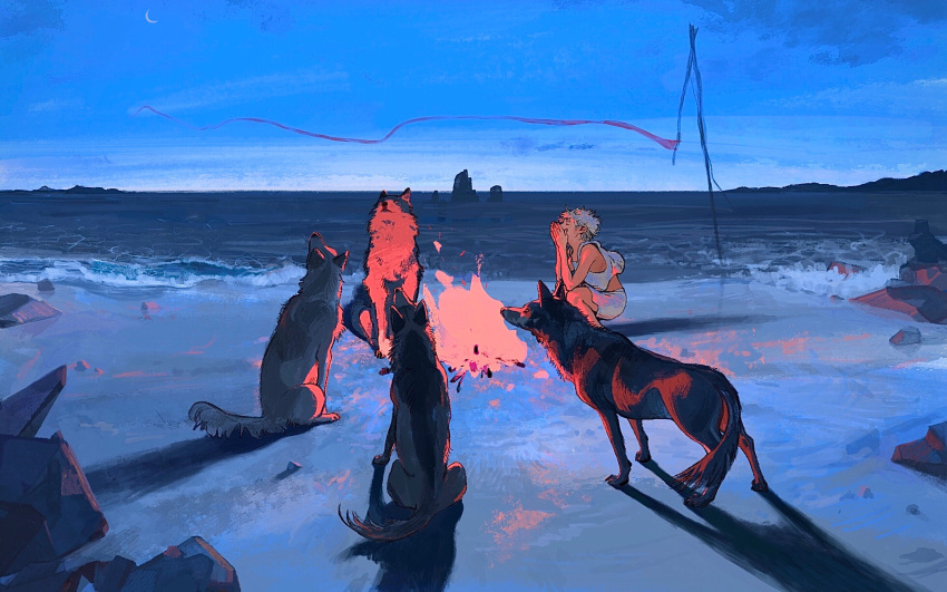 1boy animal bare_shoulders beach blue_sky blue_theme campfire commentary crescent_moon dog fire firewood flock hands_up highres looking_up male_focus moon night ocean original outdoors procreate_(medium) ribbon rock shore short_hair shorts sky symbol-only_commentary tank_top tanyabones29 waves white_hair white_shorts wind wolf