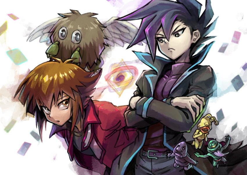 2boys :o arms_behind_back belt black_eyes black_hair black_pants black_shirt bright_pupils brown_eyes brown_hair card commentary_request crossed_arms duel_monster floating_card high_collar highres jacket leaning leaning_forward looking_at_another male_focus multiple_boys ojama_black ojama_green ojama_yellow open_clothes open_jacket pants purple_shirt red_jacket shirt short_hair sidelocks spiked_hair standing studded_belt turtleneck winged_kuriboh youko-shima yu-gi-oh! yu-gi-oh!_gx