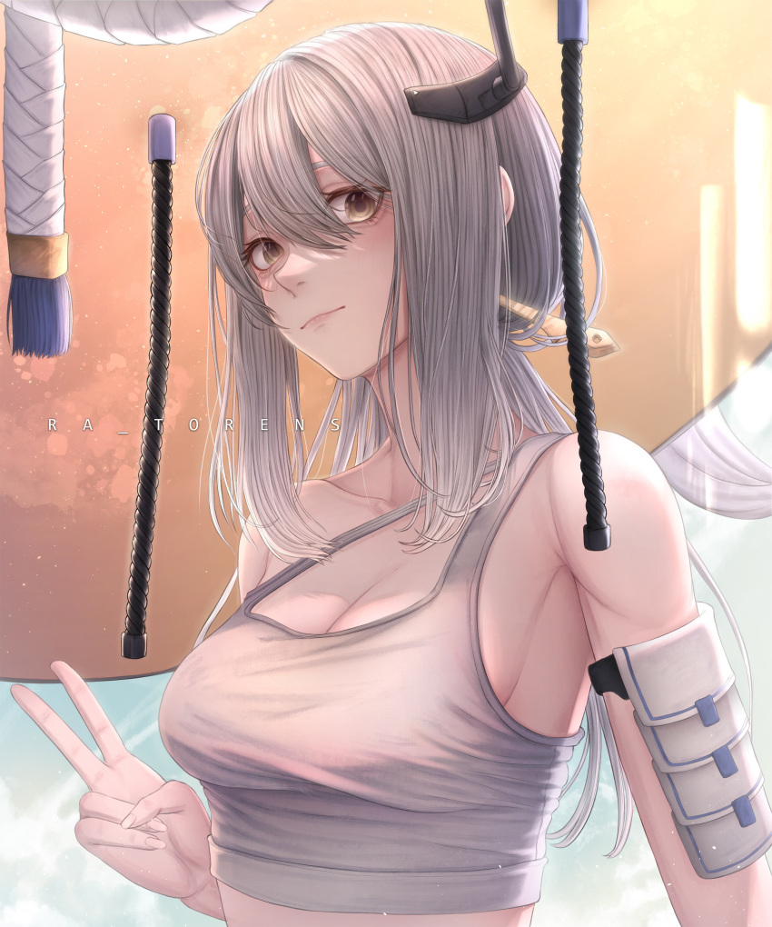 1girl absurdres armor artist_name bare_shoulders breasts cleavage collarbone crop_top goddess_of_victory:_nikke grey_hair grey_tank_top hair_between_eyes hat highres japanese_armor jingasa large_hat long_hair looking_at_viewer medium_breasts nose ra_torens scarlet_(nikke) shoulder_armor sideboob sode solo tank_top upper_body v yellow_eyes