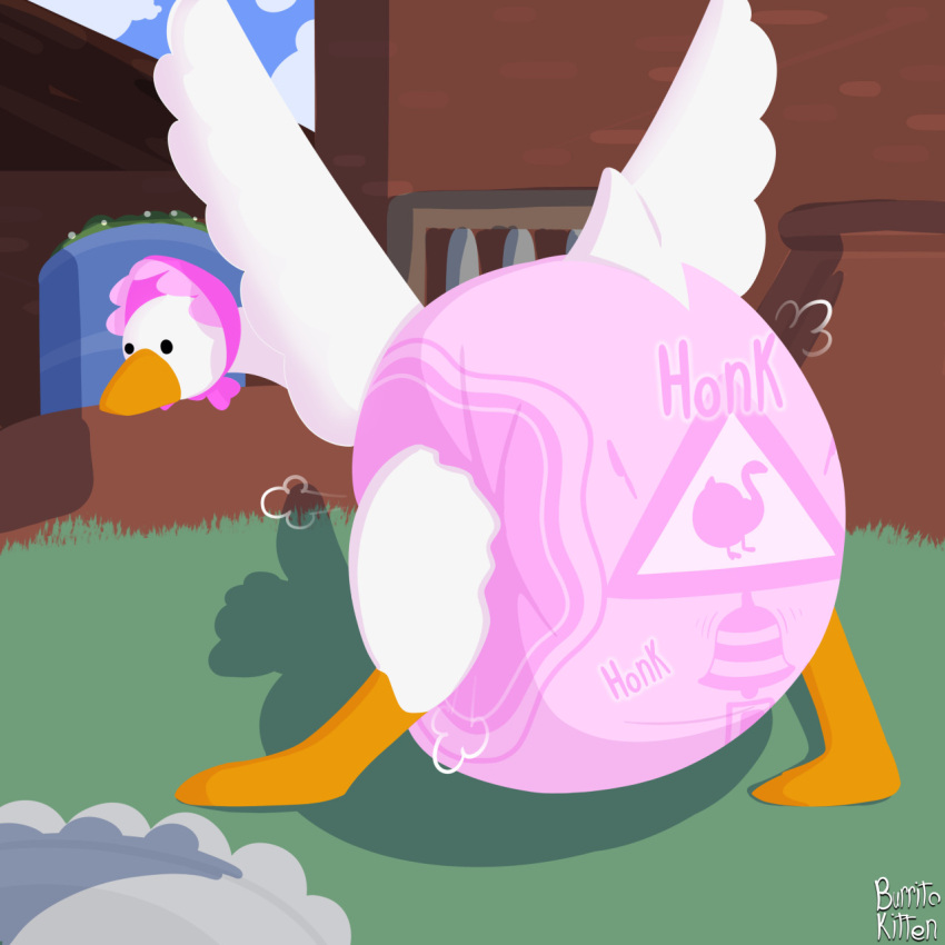 ambiguous_gender anatid anseriform anserinae avian big_diaper bird bonnet burritokitten clothed clothing diaper goose goose_(untitled_goose_game) headgear headwear hi_res looking_at_viewer looking_back pink_diaper poofy_diaper untitled_goose_game wearing_diaper white_body wings