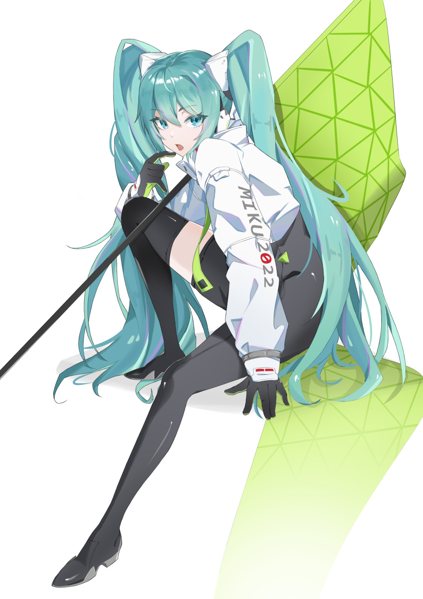 1girl absurdres aqua_eyes aqua_hair asymmetrical_bodysuit black_bodysuit black_gloves bodysuit boots cropped_jacket english_commentary flagpole full_body gloves green_flag green_gloves hatsune_miku hatsune_miku_expo highres index_finger_raised jacket knee_up long_hair long_sleeves looking_at_viewer open_mouth race_queen racing_miku racing_miku_(2022) simple_background single_leg_bodysuit single_thigh_boot single_thighhigh sitting solo text_print thigh_boots thighhighs twintails two-tone_gloves very_long_hair vocaloid white_background white_jacket xuese_kkk