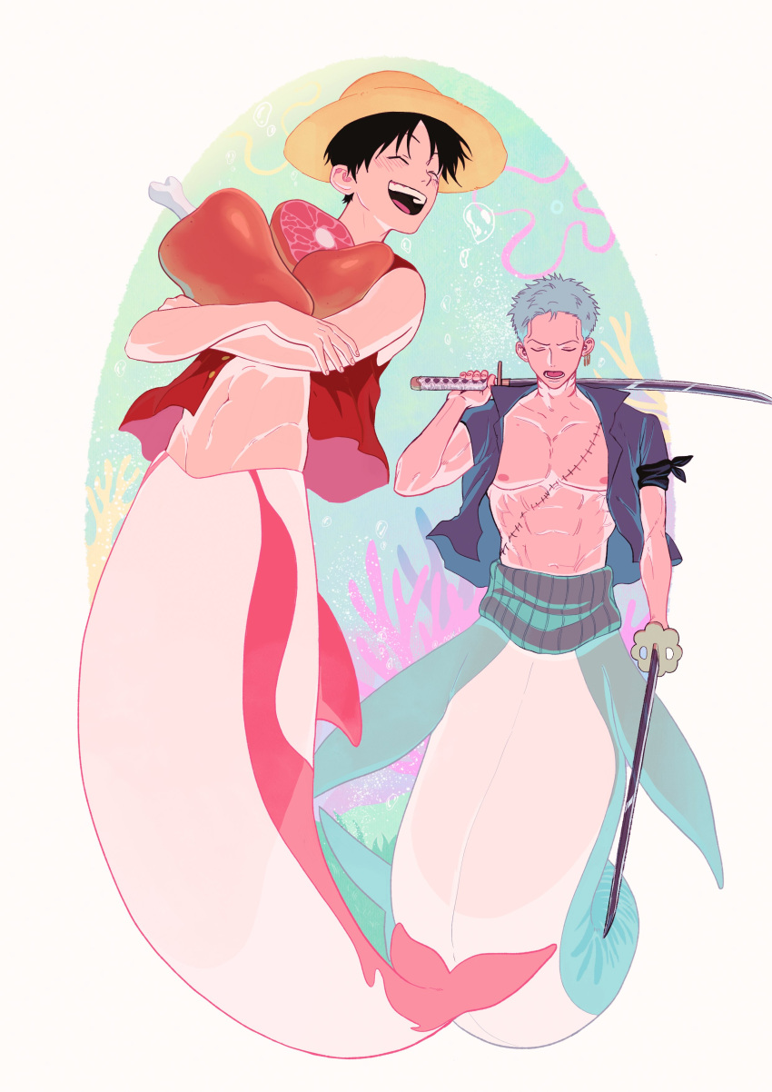 2boys :d abs absurdres air_bubble bandana bandana_around_arm black_bandana black_eyes black_hair blue_shirt blush boned_meat bubble closed_eyes coral couple dual_wielding earrings fins fish_boy food full_body green_hair haramaki hat highres holding holding_food holding_sword holding_weapon jewelry male_focus meat merman monkey_d._luffy monster_boy monsterification multiple_boys muscular muscular_male navel nipples nok_(nok_1) one_piece open_clothes open_mouth open_shirt open_vest pectorals red_vest roronoa_zoro scar scar_on_cheek scar_on_chest scar_on_face shirt short_hair shorts sideburns single_earring smile straw_hat sword toned toned_male unbuttoned unbuttoned_shirt underwater vest weapon yaoi