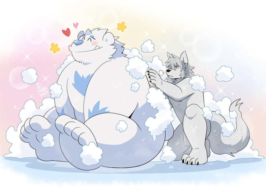 &lt;3 another_eidos_of_dragon_vein_r anthro bathing_together blush canid canine canis duo flaccid fur genitals grey_body grey_fur horn male male/male mammal nude patty_(anothereidos_r) penis size_difference takataka theodor_(anothereidos_r) toony washing_partner white_body white_fur wolf yeti