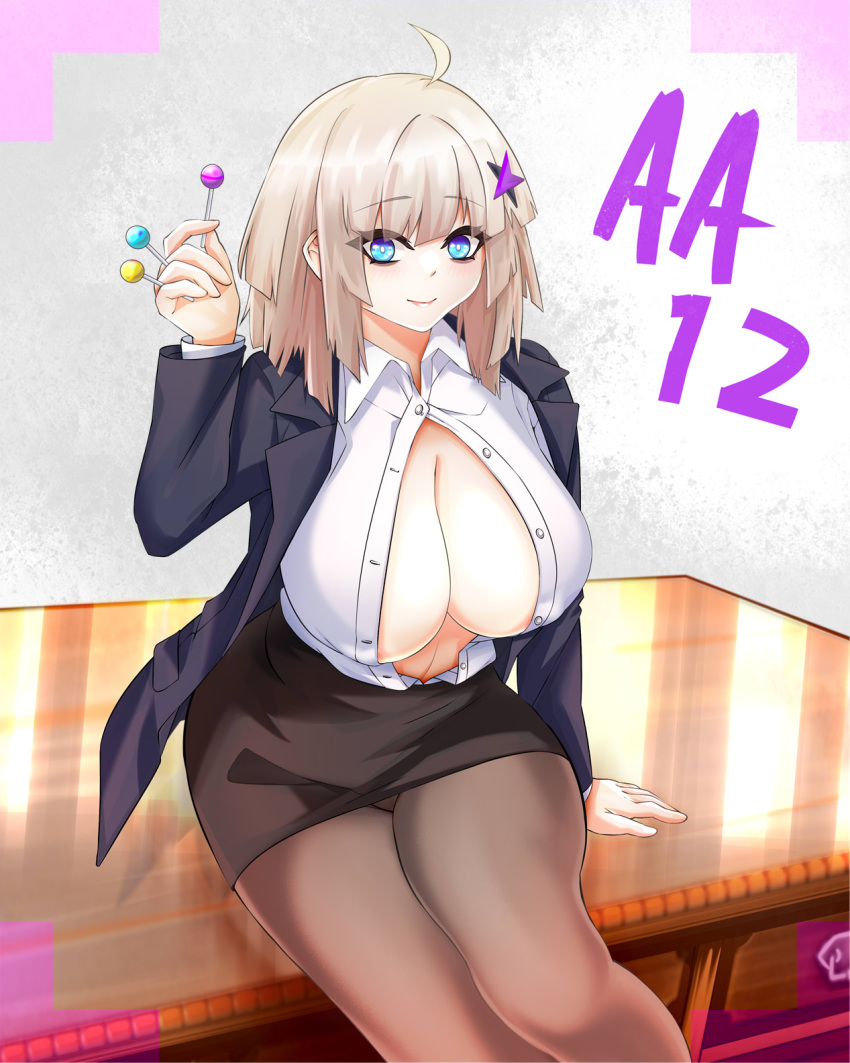 1girl aa-12_(girls'_frontline) ahoge bags_under_eyes blonde_hair blue_eyes blunt_bangs breasts candy cleavage commission curvy desk food girls'_frontline highres holding holding_candy holding_food holding_lollipop jacket large_breasts lollipop office_lady on_desk open_clothes open_jacket open_shirt pantyhose pencil_skirt samsam_s2s shirt sitting sitting_on_desk skirt solo thick_thighs thighs unbuttoned white_shirt