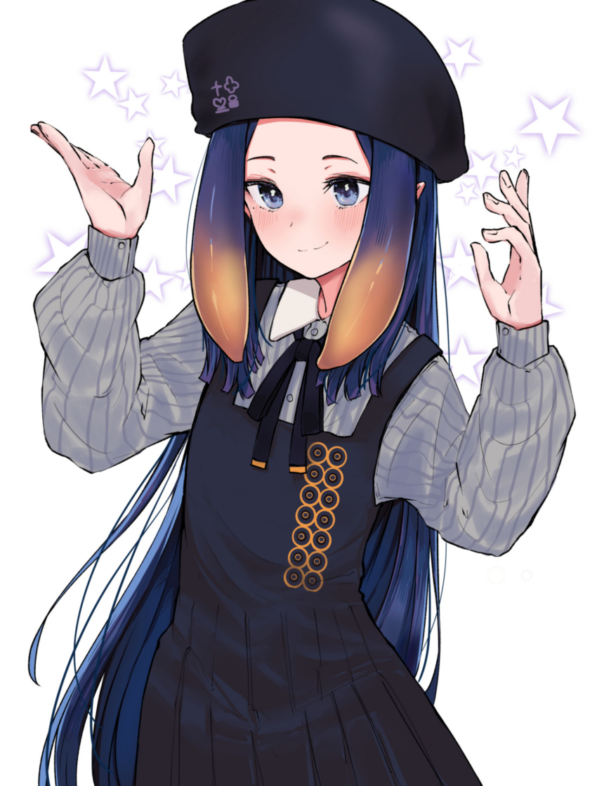 1girl absurdres beret black_dress black_headwear black_ribbon blue_eyes blush buttons closed_mouth collared_shirt cowboy_shot dress epeulu_(ate5424) forehead gradient_hair hands_up hat highres hololive hololive_english long_sleeves multicolored_hair ninomae_ina'nis ninomae_ina'nis_(2nd_costume) orange_hair pinstripe_pattern pinstripe_shirt puffy_long_sleeves puffy_sleeves purple_hair ribbon shirt simple_background sleeveless sleeveless_dress smile solo star_(symbol) striped striped_shirt tentacle_hair vertical-striped_shirt vertical_stripes white_background