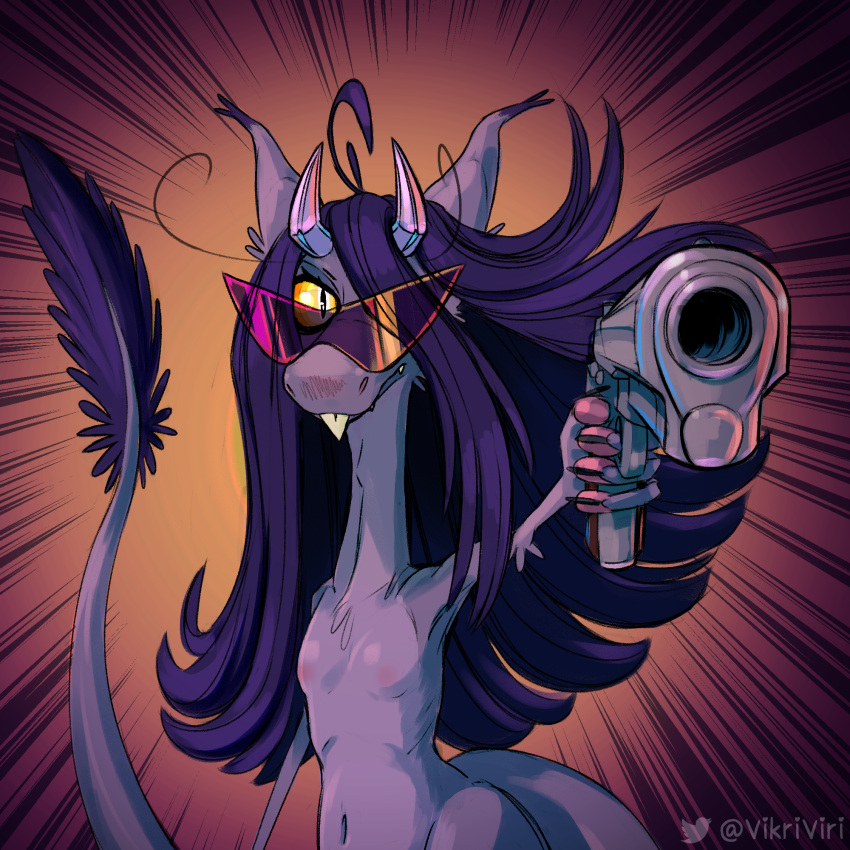 2022 action_pose anthro breasts eyewear female front_view gun hair hair_over_eye hi_res holding_gun holding_object holding_weapon horn long_hair looking_at_viewer mammal navel nude one_eye_obstructed out-of-placers portrait pose purple_body purple_hair ranged_weapon small_breasts snaggle_tooth solo sunglasses tail tail_tuft threatening three-quarter_portrait tuft vikriviri weapon webcomic yellow_sclera yinglet