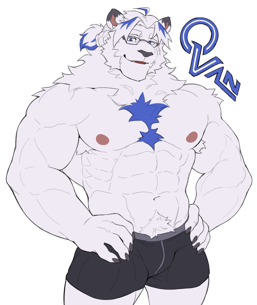 2023 abs anthro biceps blue_eyes blue_highlights braided_hair chest_tuft claws estper felid finger_claws fur hair hand_on_hip hi_res highlights_(coloring) lion looking_at_viewer male mammal mane muscular muscular_anthro muscular_male navel neck_tuft nipples ovan_(estper) pantherine pecs ponytail short_ponytail solo triceps tuft white_body white_fur white_hair white_mane