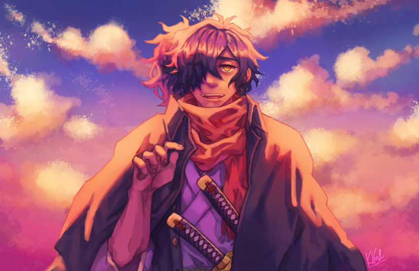 1boy black_hair cloud fangs fate/grand_order fate_(series) fingernails hair_over_one_eye hand_up high_side_ponytail japanese_clothes katana koalchicine light_smile looking_at_another medium_hair messy_hair okada_izou_(fate) open_mouth red_scarf scarf signature solo sunset sword upper_body weapon wide_shot yellow_eyes