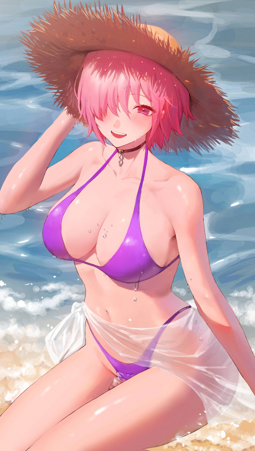 1girl absurdres bikini breasts fate/grand_order fate_(series) hair_over_one_eye hat highres large_breasts mash_kyrielight navel open_mouth pink_eyes pink_hair purple_bikini rororo sarong see-through_sarong short_hair sitting solo stomach straw_hat swimsuit thighs wakamezake water wet white_sarong