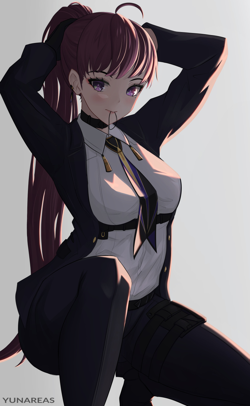 1girl absurdres adjusting_hair ahoge arms_up artist_name black_choker black_gloves black_jacket black_pants black_suit blush breasts choker closed_mouth collared_shirt commentary dolla_(nikke) dress_shirt earrings english_commentary eyelashes eyeshadow feet_out_of_frame formal gloves goddess_of_victory:_nikke grey_background hair_tie_in_mouth highres jacket jewelry light_smile long_hair long_sleeves looking_at_viewer makeup medium_breasts mole mole_under_eye mouth_hold necktie open_clothes open_jacket pants purple_eyes purple_hair purple_necktie red_eyeshadow shirt shirt_tucked_in simple_background smile solo squatting suit tying_hair underbust white_shirt wing_collar yunareas