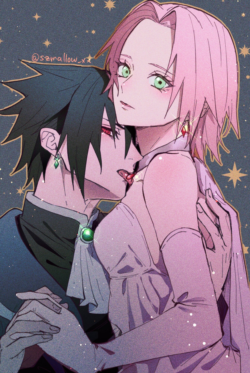 1boy 1girl artist_name bare_shoulders black_hair commentary_request detached_sleeves dress earrings formal green_eyes hand_on_another's_back haruno_sakura hetero highres holding holding_weapon jewelry licking looking_at_viewer naruto naruto_(series) naruto_shippuuden pink_dress pink_hair red_eyes spiked_hair suzu_(tg_390) twitter_username uchiha_sasuke weapon