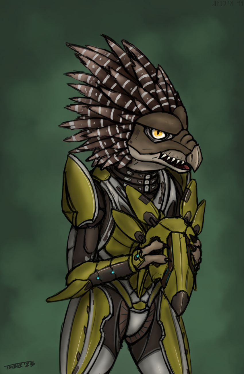 2023 3_fingers alien ambiguous_gender anthro armor avian beak brown_body brown_feather_hair brown_feathers claws colored cor_zan cuirass cuisse fangs feather_hair feathered_crest feathers female_(lore) finger_claws fingers green_armor grey_body grey_skin halo_(series) head_crest headgear helmet hi_res holding_armor holding_headgear holding_helmet holding_object kig-yar looking_at_viewer microsoft open_mouth pseudo_hair pupils scalie shaded simple_background simple_shading slit_pupils solo spaulder t'vaoan teeth todd_husky vambrace xbox_game_studios yellow_eyes