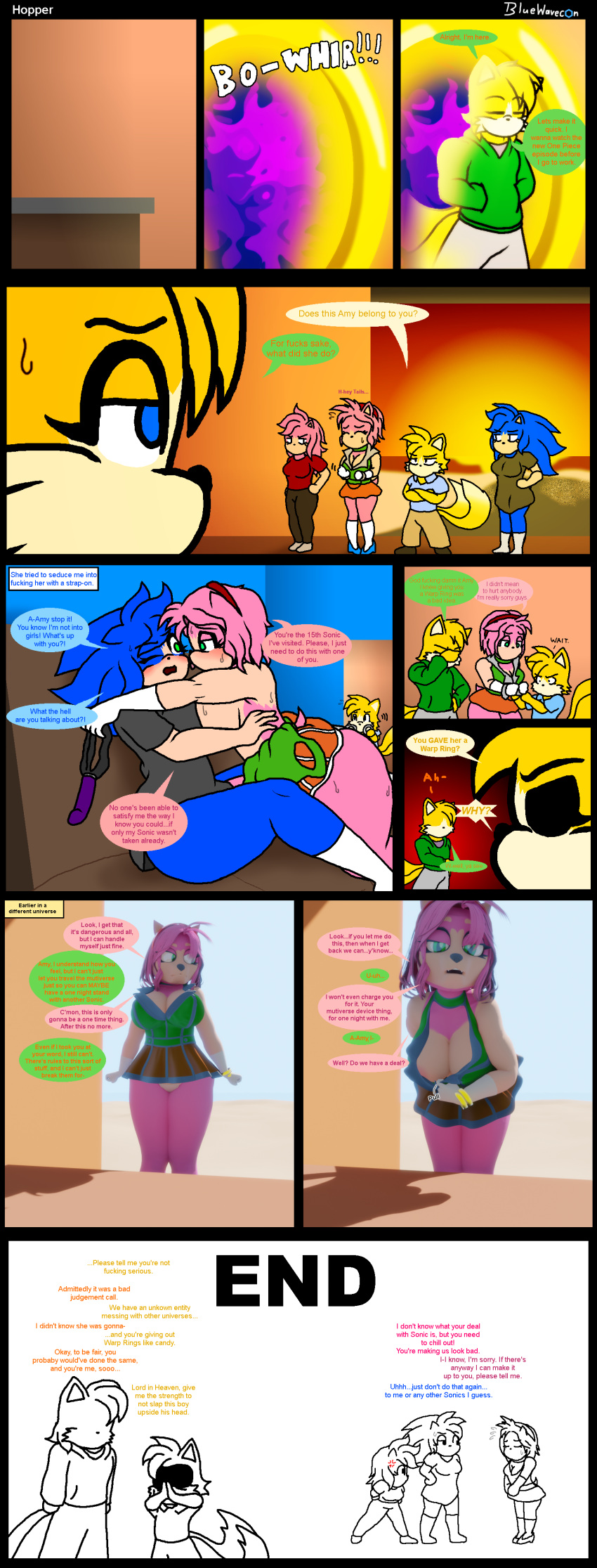 2d_(artwork) 3d_(artwork) absurd_res alternate_universe amy_rose anthro aroused attempted_seduction big_breasts blender_(software) blender_eevee blue_body blue_fur bluewavecon blush bodily_fluids bottomwear breast_squish breasts canid canine cleavage clothed clothing cuff_(restraint) digital_media_(artwork) dildo english_text eulipotyphlan female female/female forced forced_kiss fox fur gloves green_eyes group hair handcuffs handwear hedgehog hi_res kissing male mammal mature_female metal_cuffs miles_prower miniskirt mixed_media multiverse panties perversion pink_body pink_hair profanity restraints sega sex_toy skirt sonic_the_hedgehog sonic_the_hedgehog_(series) squish strapon sweat tail text thong topless underwear