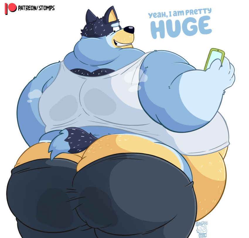 2023 absurd_res anthro australian_cattle_dog bandit_heeler barely_contained belly big_belly big_butt bluey_(series) bottomwear bubble_butt butt butt_squish canid canine canis cattledog cellphone clothed clothing domestic_dog english_text eyebrows fur herding_dog hi_res looking_back love_handles male mammal musk no_underwear obese obese_anthro obese_male overweight overweight_anthro overweight_male pants pastoral_dog patreon phone rear_view shirt simple_background smartphone smile solo squish standing stompsthecroc tank_top teeth text thick_thighs tight_clothing topwear tuft url watermark white_background