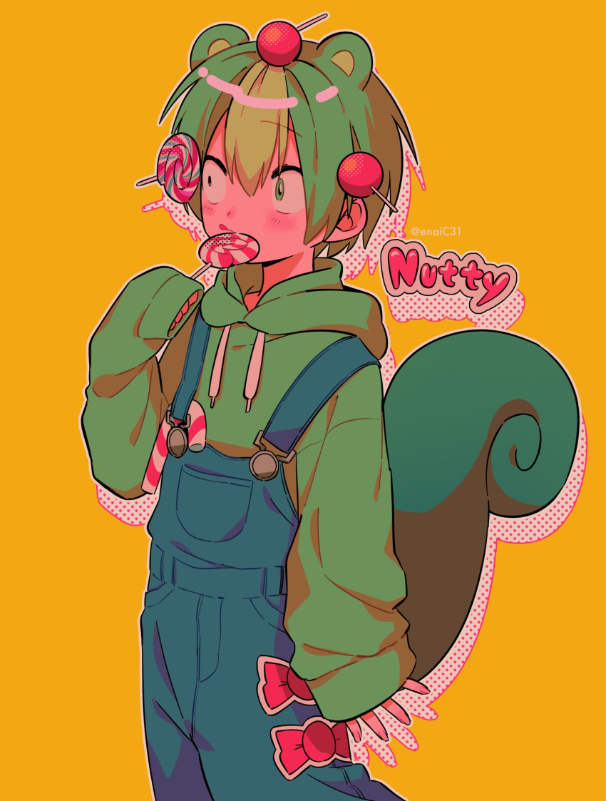 1boy animal_ears blush candy character_name drawstring drop_shadow food green_eyes green_hair green_hoodie happy_tree_friends highres hood hoodie lollipop long_sleeves male_focus menma_(enaic31) nutty_(happy_tree_friends) overalls short_hair sleeves_past_wrists solo squirrel_boy squirrel_ears squirrel_tail sticker swirl_lollipop tail yellow_background