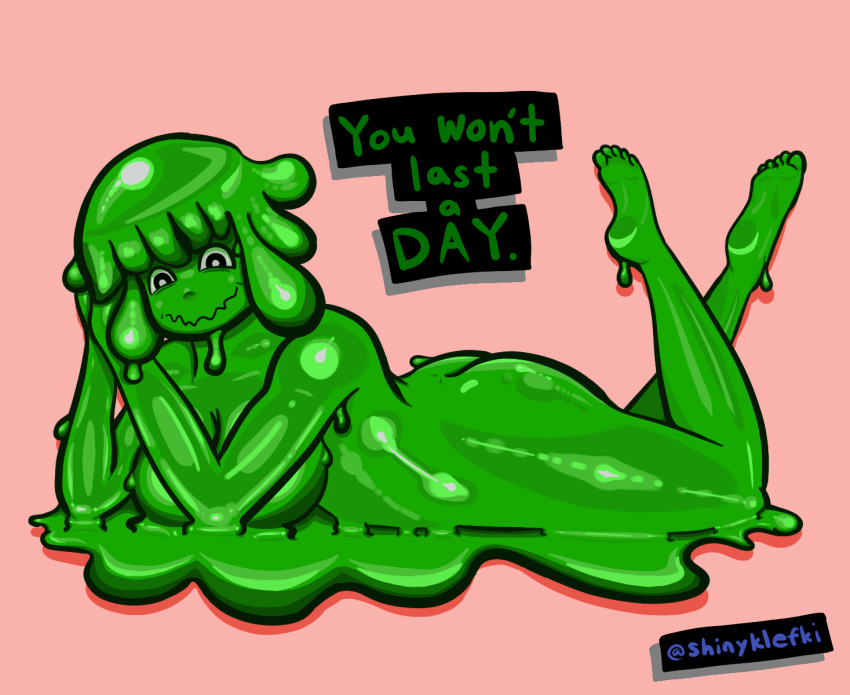 breasts butt cleavage clothed clothing crazed_look digital_media_(artwork) dripping_slime english_text evil_grin feet_up female glistening glistening_body goo_creature goo_hair goo_humanoid green_body green_slime hands_together hi_res humanoid looking_at_viewer lucy_(everhood_2) lying not_furry on_front pseudo_hair shinyklefki simple_background slime slime_pool smile smiling_at_viewer solo text text_box