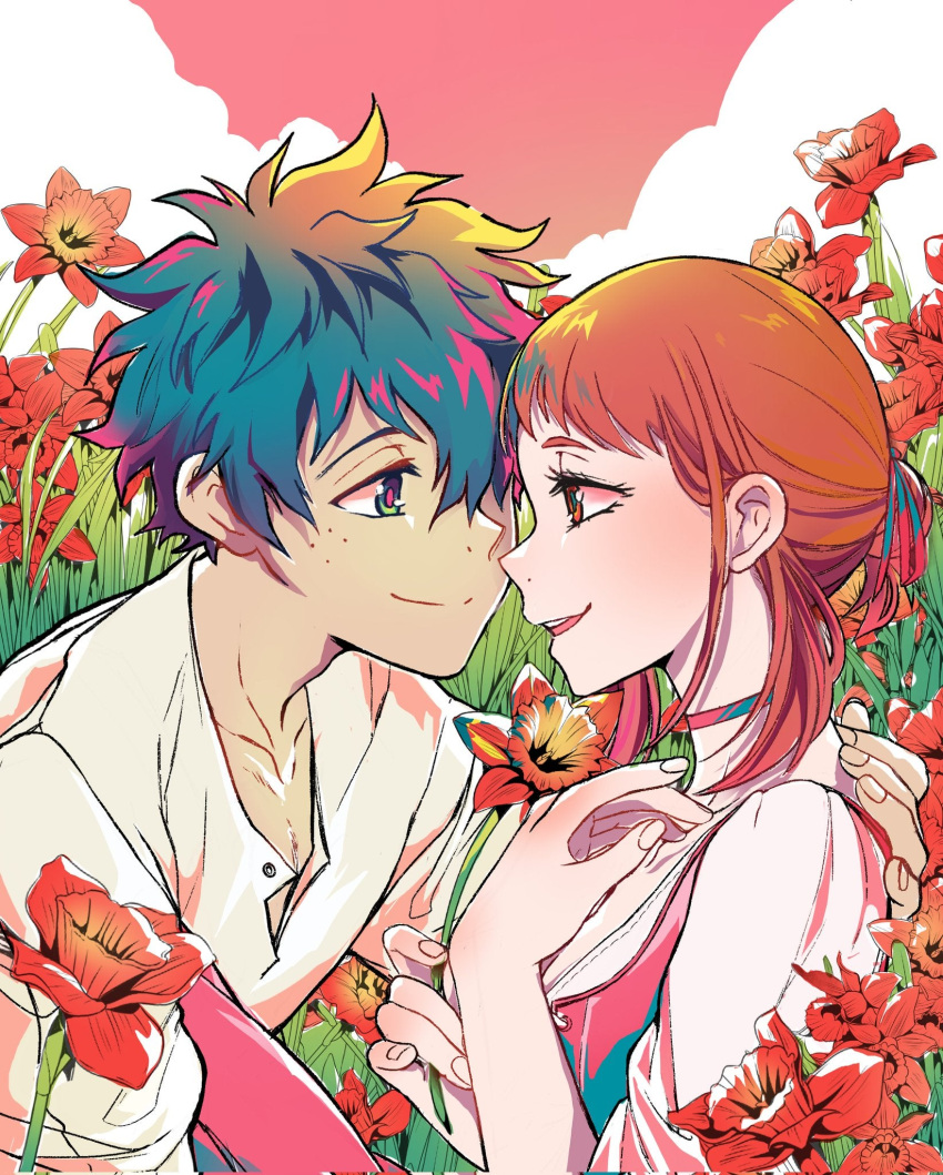 1boy 1girl boku_no_hero_academia brown_eyes brown_hair cloud couple dress facing_another flower green_eyes green_hair hetero highres holding holding_behind_back holding_flower loritoart md5_mismatch midoriya_izuku open_mouth pink_background pink_dress shirt short_hair smile the_lovers_(tarot) uraraka_ochako white_shirt