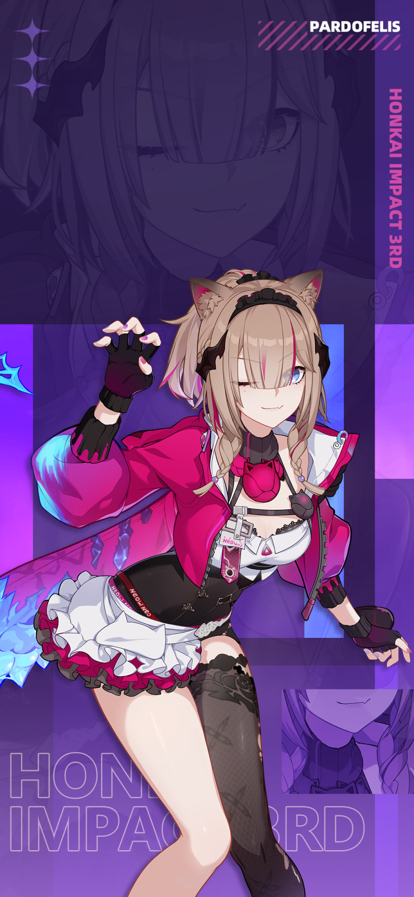 1girl animal_ear_fluff animal_ears black_gloves black_thighhighs blue_eyes braid cat_ears cat_girl cat_tail character_name chinese_commentary fingerless_gloves gloves high_ponytail highres honkai_(series) honkai_impact_3rd jacket logo looking_at_viewer medium_hair nail official_alternate_costume official_art official_wallpaper one_eye_closed open_hands pardofelis_(honkai_impact) pink_jacket pink_sleeves purple_background single_bare_leg single_thighhigh skirt smile solo tail thighhighs upper_body white_skirt