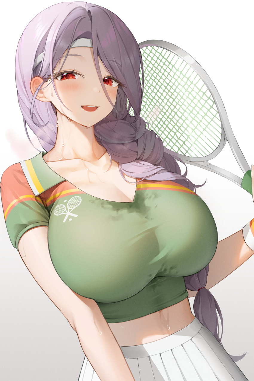 1girl absurdres bbakasatang braid breasts cleavage collarbone collared_shirt crop_top green_shirt grey_hair hair_over_shoulder headband highres holding huge_breasts long_hair looking_at_viewer midriff open_mouth original pleated_skirt racket red_eyes shirt short_sleeves simple_background single_braid skirt smile solo sweat tennis_racket white_background white_skirt