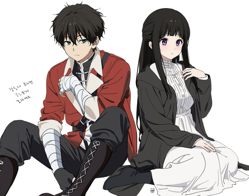 1boy 1girl alternate_costume bandaged_arm bandages black_hair black_robe blush chitanda_eru cosplay dress fern_(sousou_no_frieren) fern_(sousou_no_frieren)_(cosplay) half_updo hyouka jacket korean_text mery_(yangmalgage) oreki_houtarou purple_eyes red_jacket robe simple_background sitting sousou_no_frieren stark_(sousou_no_frieren) stark_(sousou_no_frieren)_(cosplay) white_background white_dress