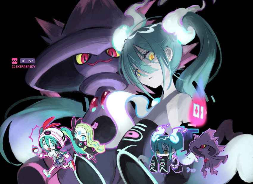 2girls aqua_hair bag beanie black_thighhighs commentary extraspiky floating ghost ghost_miku_(project_voltage) green_hair grey_shirt hat hatsune_miku highres long_hair looking_at_viewer meloetta mismagius multiple_girls musical_note necktie pale_skin pleated_skirt poke_ball pokemon pokemon_(creature) project_voltage psychic psychic_miku_(project_voltage) shirt shoulder_bag skirt sleeves_past_fingers sleeves_past_wrists thighhighs twintails very_long_hair vocaloid white_footwear white_headwear white_shirt will-o'-the-wisp_(mythology) yellow_eyes