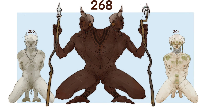 1_horn 2022 2_heads 6_nipples alien alien_humanoid ambiguous_gender anklet blue_background bodypaint border brown_body claws dark_body dark_skin digitigrade ear_piercing ear_ring finger_claws front_view furgonomics furry-specific_piercing genital_piercing genitals hands_behind_back hi_res holding_object horn horned_humanoid humanoid jewelry kneeling looking_at_viewer looking_away male molvno multi_head multi_nipple navel necklace nipples nude number opposable_toe pale_skin penis penis_piercing piercing ring_piercing simple_background solo staff stick white_border wrinkles