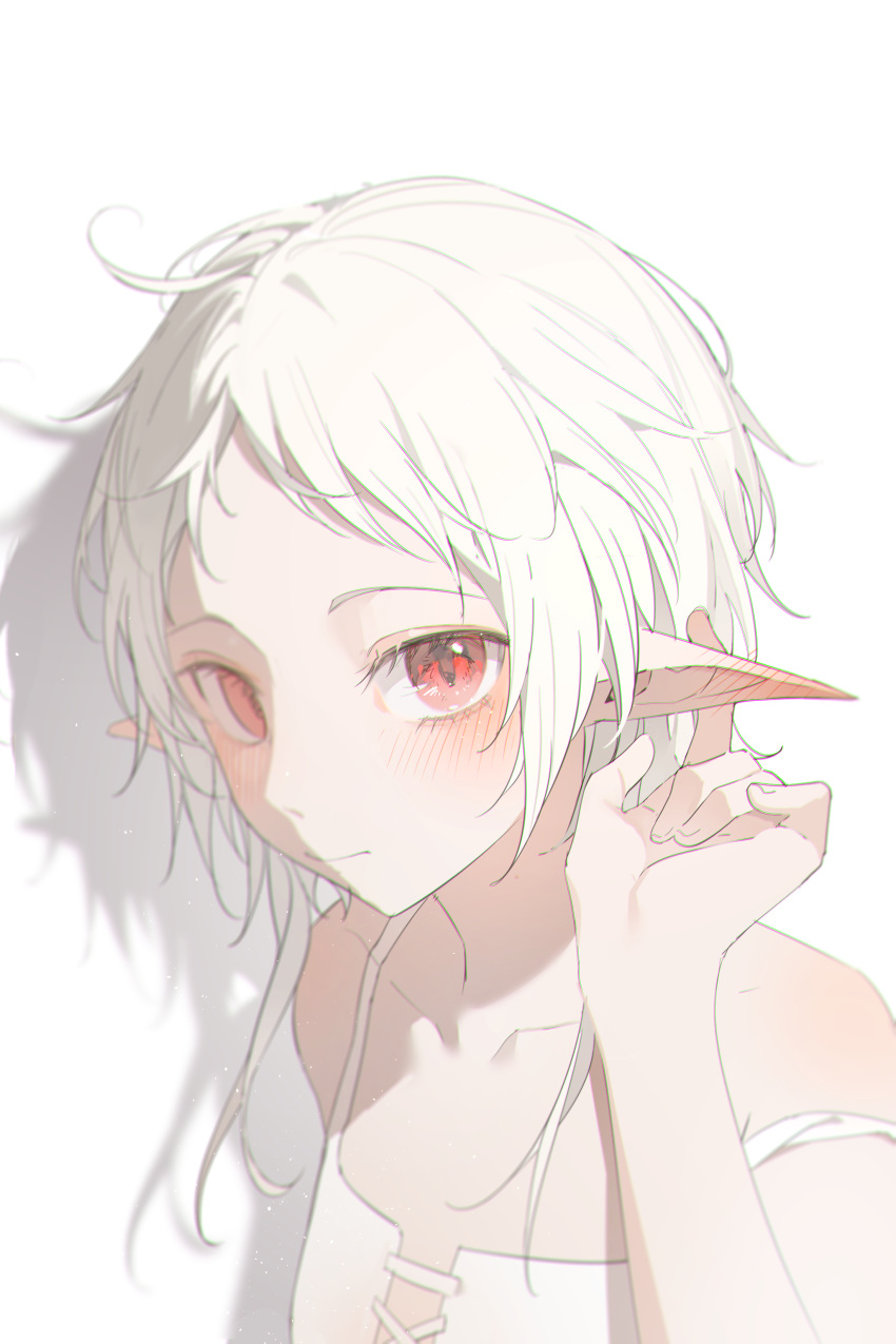 1girl absurdres ahoge blush closed_mouth elf hand_up highres looking_at_viewer mushoku_tensei nogi_lace pointy_ears red_eyes shadow short_hair solo sylphiette_(mushoku_tensei) white_background white_hair