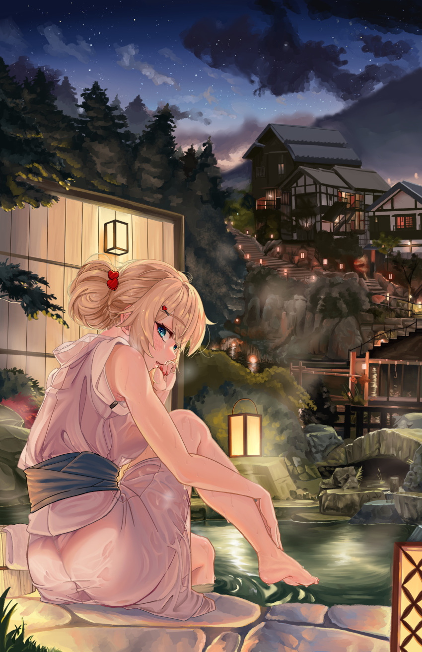 1girl absurdres akai_haato aqua_eyes armpit_crease armpits ass bare_arms bare_legs barefoot bath bathing blonde_hair breasts bridge building bush cloud commentary_request feet fence from_behind hair_ornament heart heart_hair_ornament highres hololive house japanese_clothes lantern large_breasts legs long_hair looking_at_viewer looking_back night night_sky obi one_side_up onsen outdoors rock sash sitting sky snarkhunt soaking_feet stairs star_(sky) starry_sky steam towel tree virtual_youtuber water water_spring wet wet_clothes