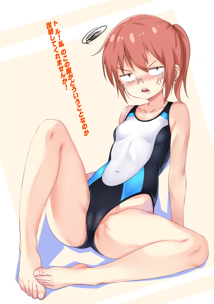 1girl absurdres anger_vein barefoot blush chinese_commentary collarbone commentary_request competition_swimsuit covered_navel full_body glasses highres kobayashi-san_chi_no_maidragon kobayashi_(maidragon) multicolored_clothes multicolored_swimsuit nose_blush one-piece_swimsuit ponytail red_eyes short_hair sitting solo squiggle swimsuit translation_request xiahou_qiulan