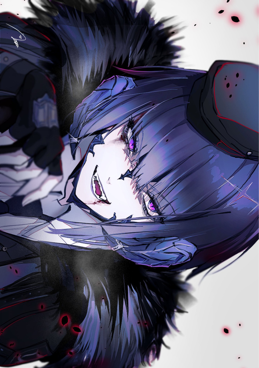 1girl anoyo_(anoyode0) au_ra black_gloves black_headwear blood blood_on_face dragon_horns final_fantasy final_fantasy_xiv fingerless_gloves fur_trim gloves highres horns open_mouth purple_eyes purple_hair purple_horns short_hair sideways solo