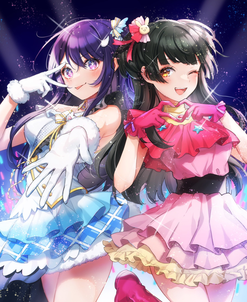 2girls ;d black_hair blush cosplay costume_switch gloves glowstick hair_ornament heart heart_hair_ornament highres hoshino_ai_(oshi_no_ko) idolmaster idolmaster_shiny_colors layered_skirt long_hair looking_at_viewer mayuzumi_fuyuko multiple_girls one_eye_closed oshi_no_ko pink_gloves purple_eyes purple_hair reaching reaching_towards_viewer shinishi_chiho skirt smile spread_the_wings!!_(idolmaster) stage_lights star-shaped_pupils star_(symbol) symbol-shaped_pupils tongue tongue_out v very_long_hair white_gloves