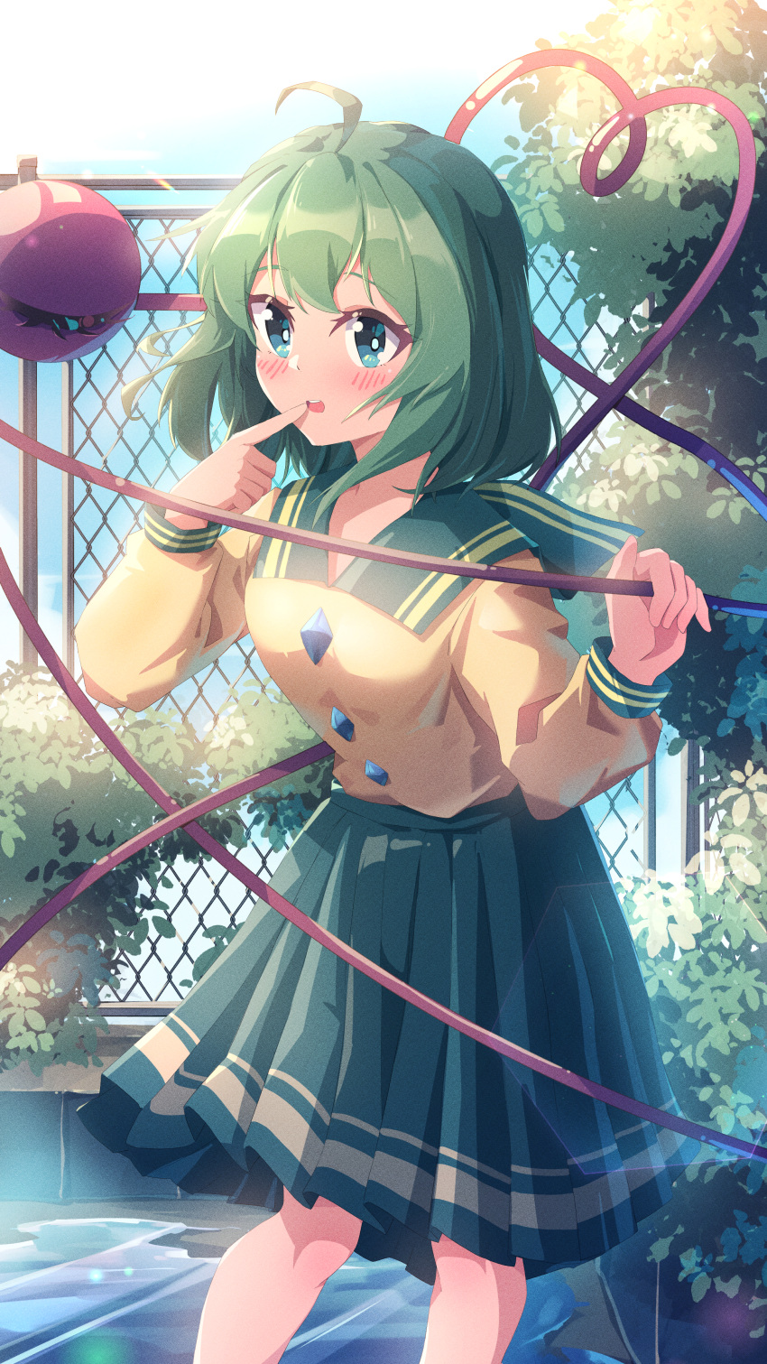 1girl absurdres ahoge blush bush buttons chinese_commentary collared_shirt commentary cowboy_shot day diamond_button fence finger_to_mouth green_eyes green_hair green_skirt hands_up heart heart_of_string highres komeiji_koishi long_sleeves looking_at_viewer medium_hair no_headwear open_mouth outdoors pleated_skirt puddle sdftehn shirt skirt sky solo teeth third_eye touhou upper_teeth_only yellow_shirt