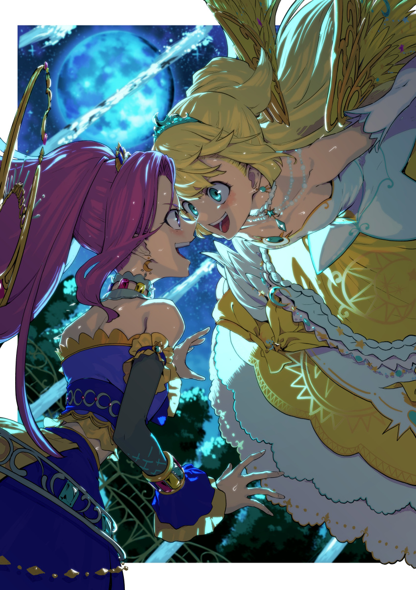 2girls :d absurdres after_(artist) aikatsu! aikatsu!_(series) aikatsu_on_parade! aikatsu_stars! bare_shoulders blonde_hair choker crop_top detached_sleeves dress earrings elbow_gloves eye_contact face-to-face frills full_moon gloves green_eyes hair_ornament highres jewelry kanzaki_mizuki leaning_forward long_hair long_sleeves looking_at_another midriff moon multiple_girls necklace night night_sky open_mouth outdoors ponytail purple_eyes purple_hair shiratori_hime skirt sky smile star_(sky) star_(symbol) starry_sky strapless strapless_dress teeth tiara tree upper_teeth_only very_long_hair white_dress white_gloves wings yellow_wings