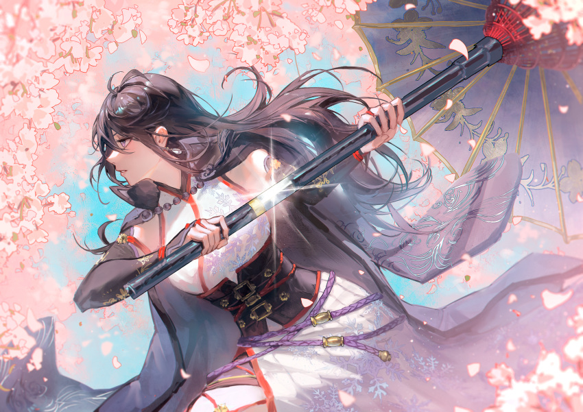 1girl absurdres ayra_(fire_emblem) bare_shoulders black_hair breasts cherry_blossoms commission concealed_weapon corset cosplay cowboy_shot earrings elbow_gloves fire_emblem fire_emblem:_genealogy_of_the_holy_war gloves highres holding holding_sword holding_weapon jacket jacket_on_shoulders japanese_clothes jewelry kimono long_hair long_sleeves mature_female oil-paper_umbrella parted_lips purple_eyes setsuka setsuka_(cosplay) sheath side_slit sleeveless sleeveless_kimono solo soulcalibur soulcalibur_vi standing sword umbrella umbrella_sword unsheathing weapon zieru