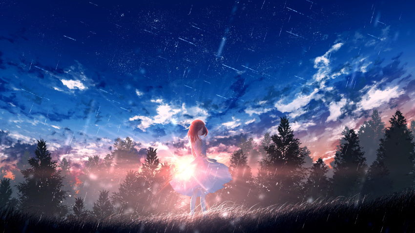 1girl absurdres brown_hair closed_eyes closed_mouth cloud commentary_request dress dusk field floating_hair forest from_side furi0831 grass highres lens_flare long_hair nature orange_sky original outdoors rain scenery shooting_star sky sleeveless sleeveless_dress solo standing star_(sky) starry_sky sun sunset tree white_dress