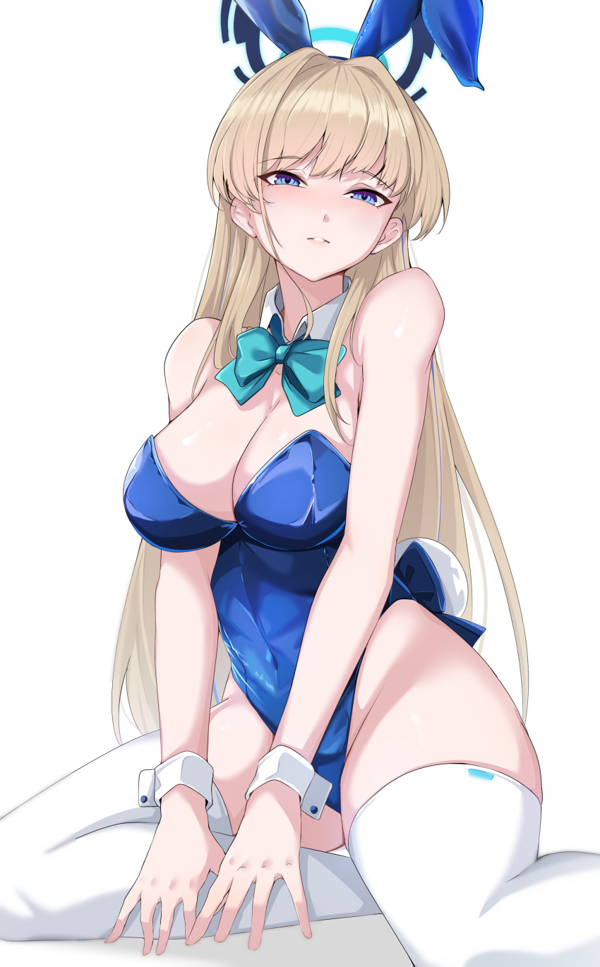 1girl absurdres animal_ears aqua_bow aqua_bowtie bare_shoulders blonde_hair blue_archive blue_eyes blue_hairband blue_leotard bow bowtie breasts cleavage detached_collar earpiece fake_animal_ears fake_tail hairband halo highleg highleg_leotard highres large_breasts leotard long_hair looking_at_viewer official_alternate_costume playboy_bunny rabbit_ears rabbit_tail seiza sitting solo strapless strapless_leotard tail thighhighs toki_(blue_archive) toki_(bunny)_(blue_archive) vanko_(vank0a) white_thighhighs wrist_cuffs